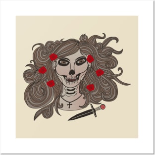 Hand Drawn La Catrina With Cross, Dagger And Roses (Dark) Posters and Art